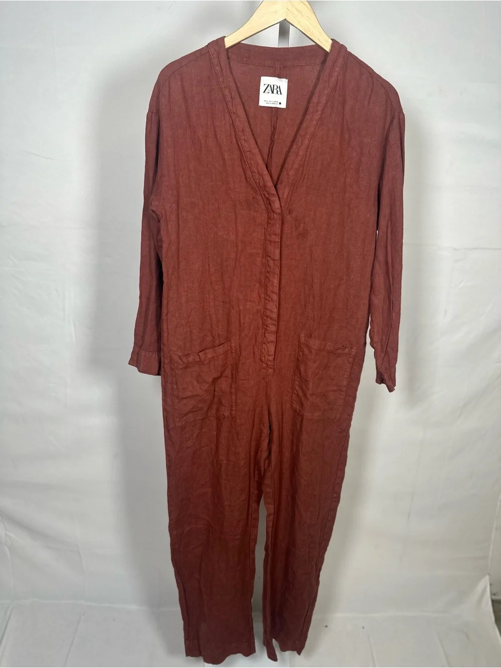 Zara Women's Rust Red V-Neck Linen Jumpsuit